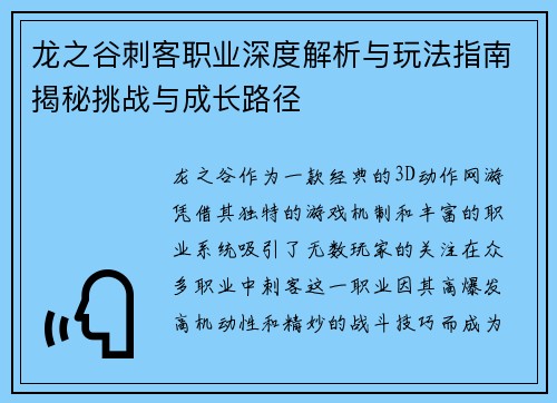 龙之谷刺客职业深度解析与玩法指南揭秘挑战与成长路径